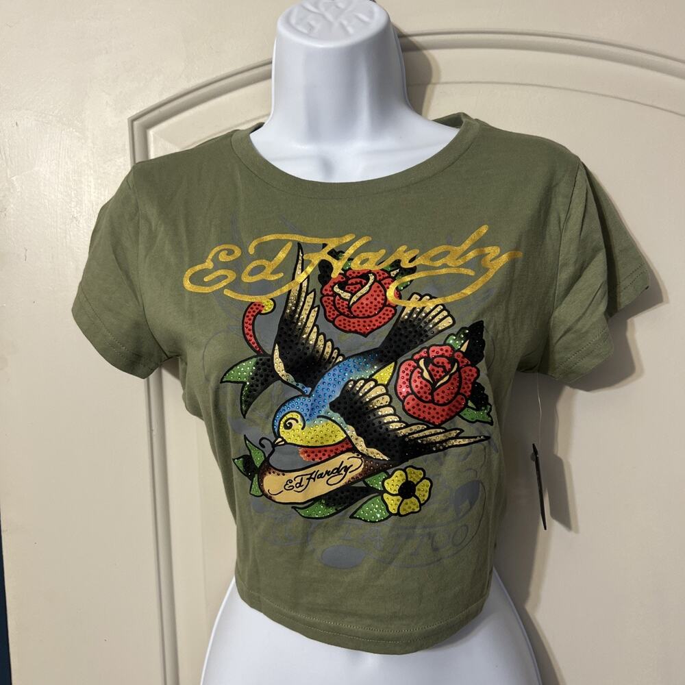 Ed Hardy Womens M Green Cropped Graphic Bird Rhinestone Crew Neck Tee